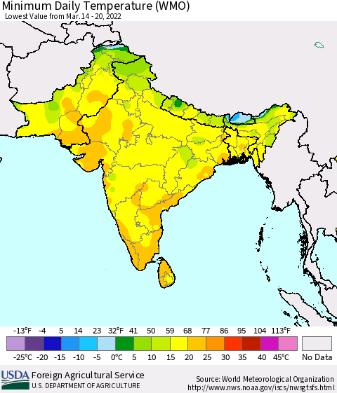 Southern Asia Minimum Daily Temperature (WMO) Thematic Map For 3/14/2022 - 3/20/2022