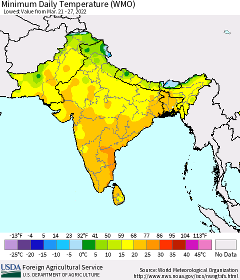 Southern Asia Minimum Daily Temperature (WMO) Thematic Map For 3/21/2022 - 3/27/2022