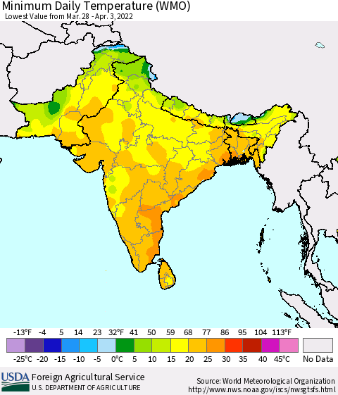 Southern Asia Minimum Daily Temperature (WMO) Thematic Map For 3/28/2022 - 4/3/2022