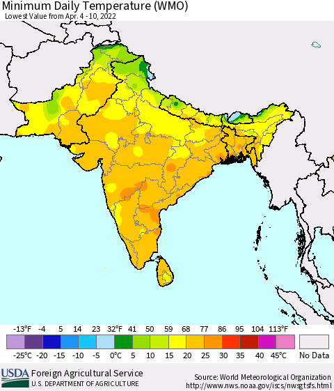 Southern Asia Minimum Daily Temperature (WMO) Thematic Map For 4/4/2022 - 4/10/2022