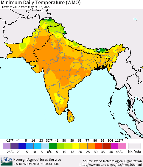 Southern Asia Extreme Minimum Temperature (WMO) Thematic Map For 5/9/2022 - 5/15/2022