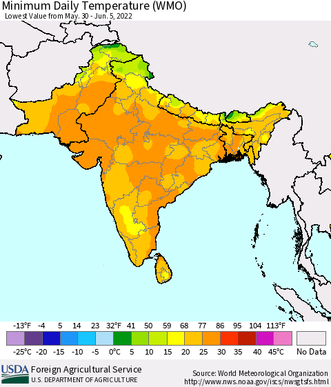 Southern Asia Minimum Daily Temperature (WMO) Thematic Map For 5/30/2022 - 6/5/2022