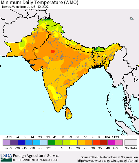Southern Asia Extreme Minimum Temperature (WMO) Thematic Map For 6/6/2022 - 6/12/2022