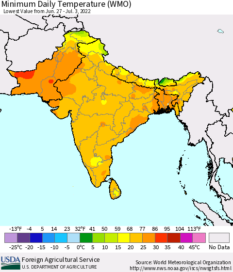 Southern Asia Minimum Daily Temperature (WMO) Thematic Map For 6/27/2022 - 7/3/2022