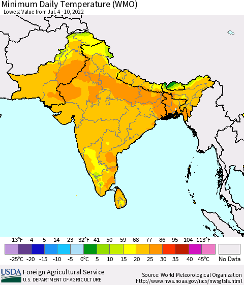 Southern Asia Minimum Daily Temperature (WMO) Thematic Map For 7/4/2022 - 7/10/2022