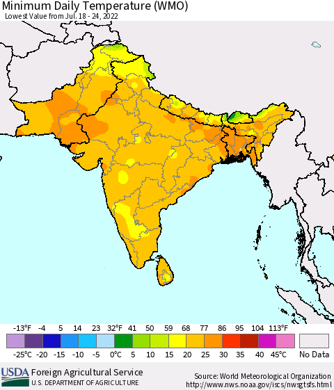 Southern Asia Minimum Daily Temperature (WMO) Thematic Map For 7/18/2022 - 7/24/2022