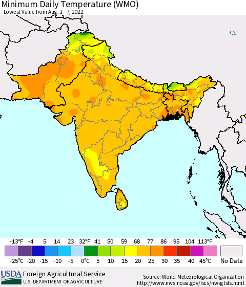 Southern Asia Minimum Daily Temperature (WMO) Thematic Map For 8/1/2022 - 8/7/2022