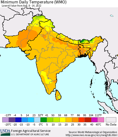 Southern Asia Minimum Daily Temperature (WMO) Thematic Map For 8/8/2022 - 8/14/2022