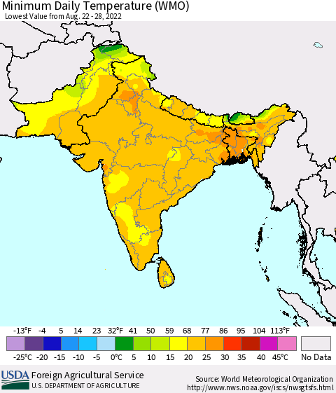 Southern Asia Minimum Daily Temperature (WMO) Thematic Map For 8/22/2022 - 8/28/2022