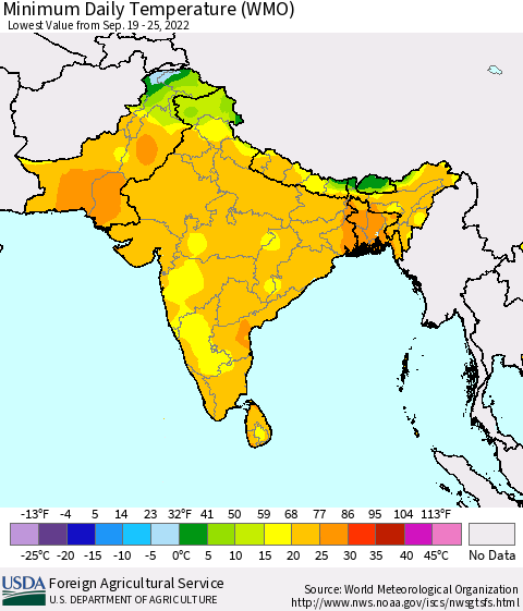 Southern Asia Minimum Daily Temperature (WMO) Thematic Map For 9/19/2022 - 9/25/2022