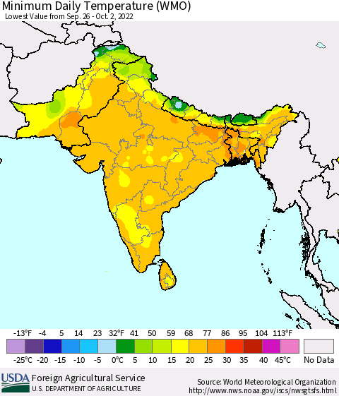 Southern Asia Minimum Daily Temperature (WMO) Thematic Map For 9/26/2022 - 10/2/2022