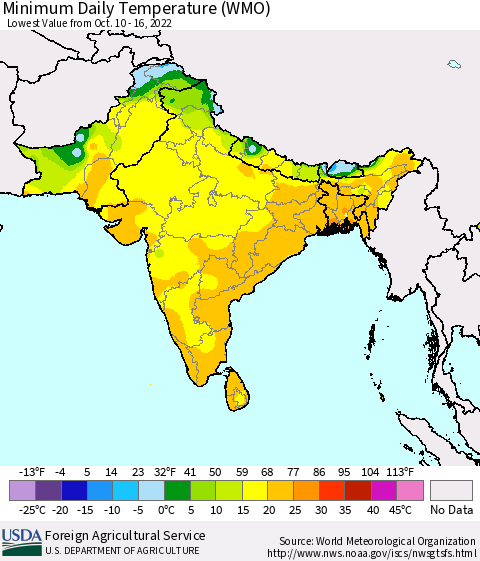 Southern Asia Minimum Daily Temperature (WMO) Thematic Map For 10/10/2022 - 10/16/2022