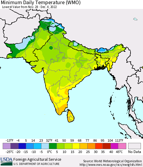 Southern Asia Minimum Daily Temperature (WMO) Thematic Map For 11/28/2022 - 12/4/2022