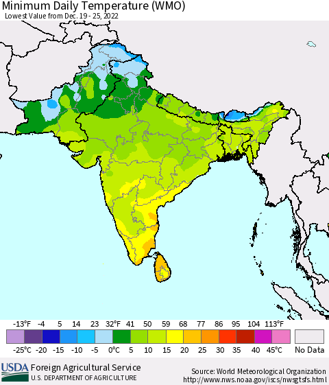 Southern Asia Minimum Daily Temperature (WMO) Thematic Map For 12/19/2022 - 12/25/2022