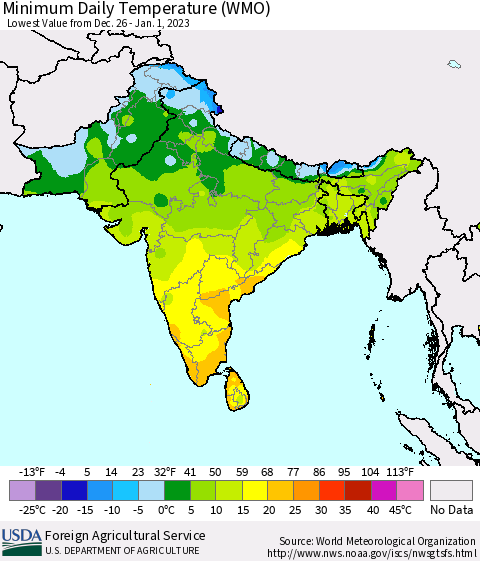 Southern Asia Minimum Daily Temperature (WMO) Thematic Map For 12/26/2022 - 1/1/2023