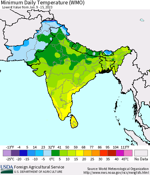 Southern Asia Minimum Daily Temperature (WMO) Thematic Map For 1/9/2023 - 1/15/2023