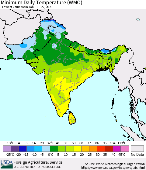 Southern Asia Minimum Daily Temperature (WMO) Thematic Map For 1/16/2023 - 1/22/2023