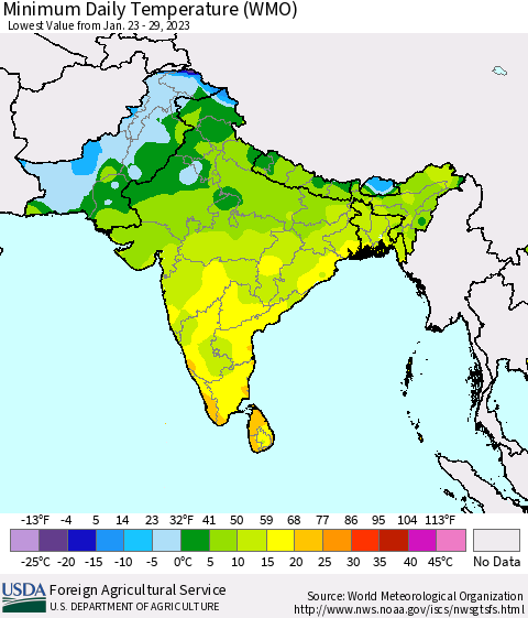 Southern Asia Minimum Daily Temperature (WMO) Thematic Map For 1/23/2023 - 1/29/2023