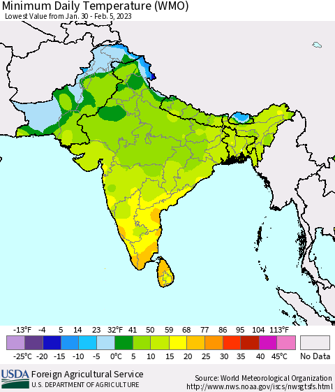 Southern Asia Minimum Daily Temperature (WMO) Thematic Map For 1/30/2023 - 2/5/2023