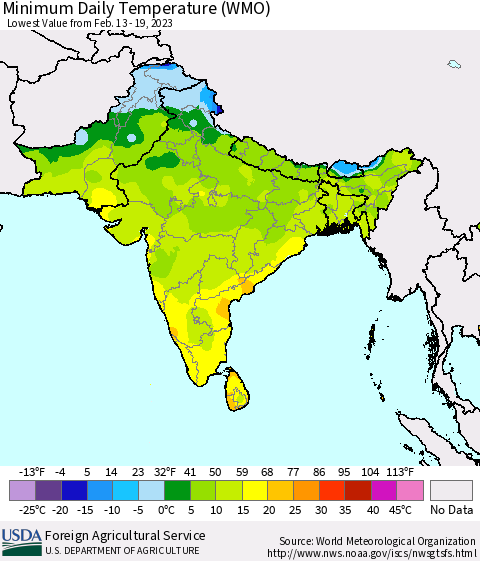 Southern Asia Minimum Daily Temperature (WMO) Thematic Map For 2/13/2023 - 2/19/2023