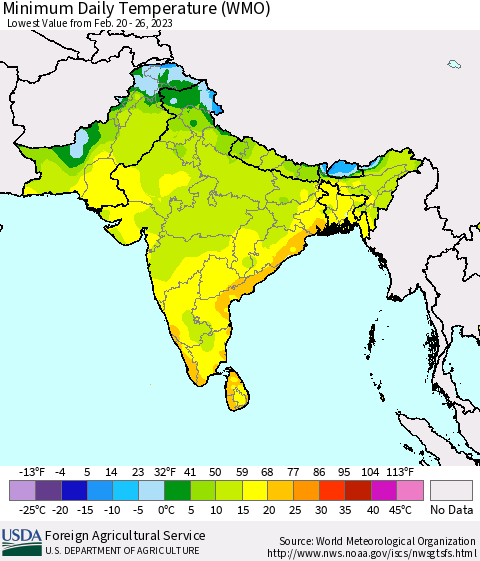 Southern Asia Minimum Daily Temperature (WMO) Thematic Map For 2/20/2023 - 2/26/2023