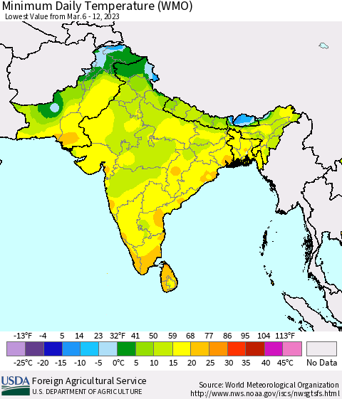 Southern Asia Minimum Daily Temperature (WMO) Thematic Map For 3/6/2023 - 3/12/2023