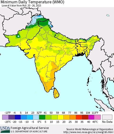 Southern Asia Minimum Daily Temperature (WMO) Thematic Map For 3/20/2023 - 3/26/2023