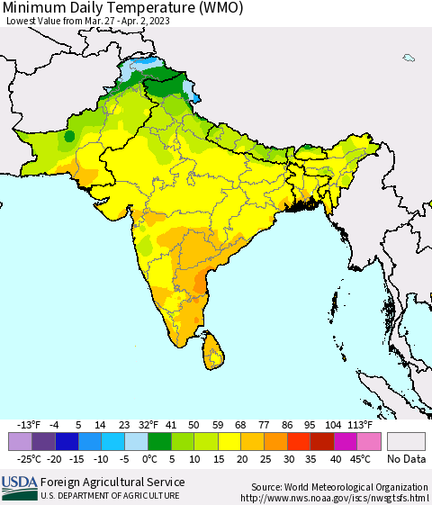 Southern Asia Minimum Daily Temperature (WMO) Thematic Map For 3/27/2023 - 4/2/2023