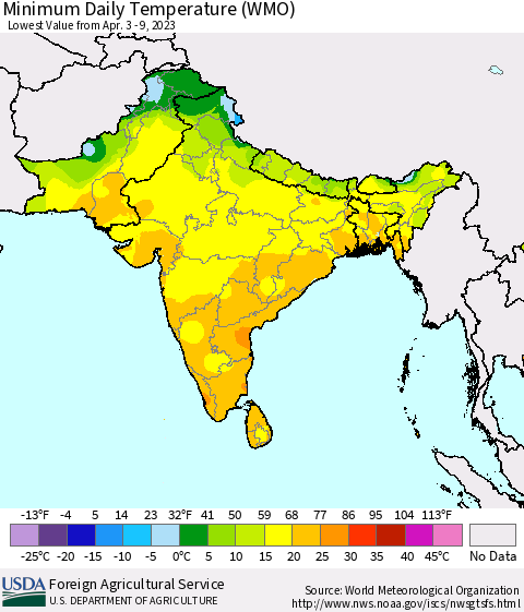Southern Asia Minimum Daily Temperature (WMO) Thematic Map For 4/3/2023 - 4/9/2023