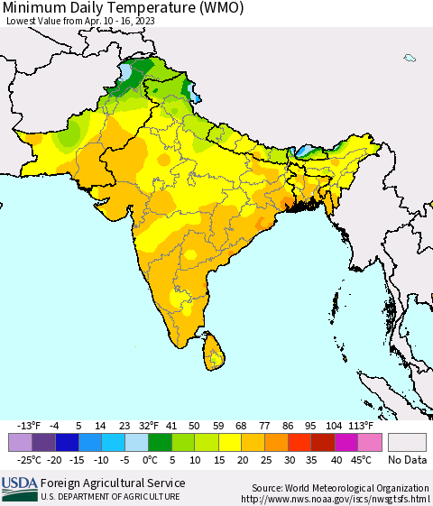 Southern Asia Minimum Daily Temperature (WMO) Thematic Map For 4/10/2023 - 4/16/2023