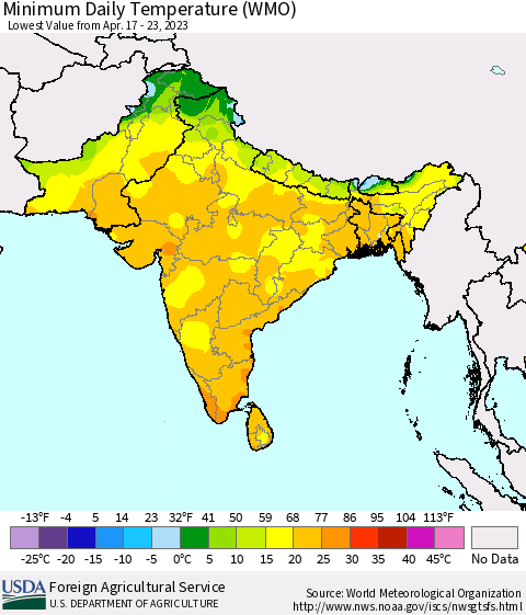 Southern Asia Minimum Daily Temperature (WMO) Thematic Map For 4/17/2023 - 4/23/2023