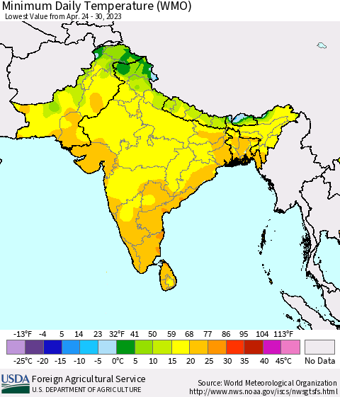 Southern Asia Minimum Daily Temperature (WMO) Thematic Map For 4/24/2023 - 4/30/2023