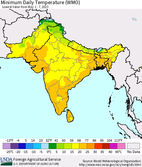 Southern Asia Minimum Daily Temperature (WMO) Thematic Map For 5/1/2023 - 5/7/2023