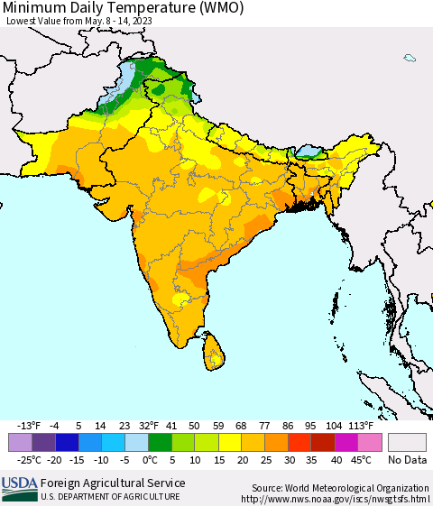 Southern Asia Minimum Daily Temperature (WMO) Thematic Map For 5/8/2023 - 5/14/2023