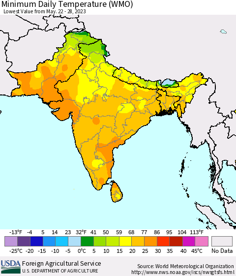 Southern Asia Minimum Daily Temperature (WMO) Thematic Map For 5/22/2023 - 5/28/2023