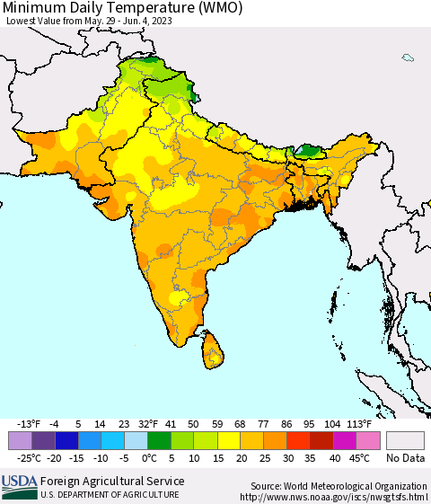 Southern Asia Minimum Daily Temperature (WMO) Thematic Map For 5/29/2023 - 6/4/2023