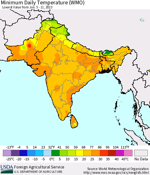 Southern Asia Minimum Daily Temperature (WMO) Thematic Map For 6/5/2023 - 6/11/2023