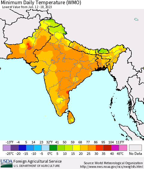 Southern Asia Minimum Daily Temperature (WMO) Thematic Map For 6/12/2023 - 6/18/2023