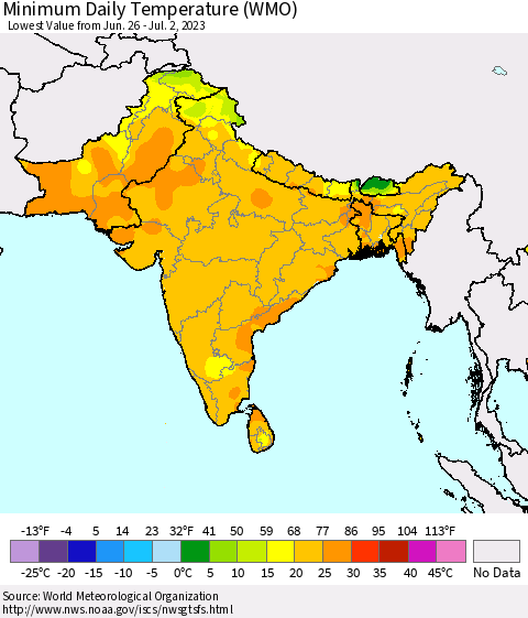 Southern Asia Minimum Daily Temperature (WMO) Thematic Map For 6/26/2023 - 7/2/2023
