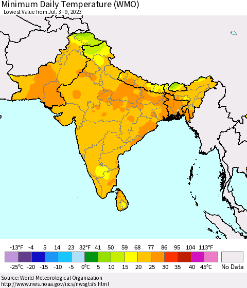 Southern Asia Minimum Daily Temperature (WMO) Thematic Map For 7/3/2023 - 7/9/2023