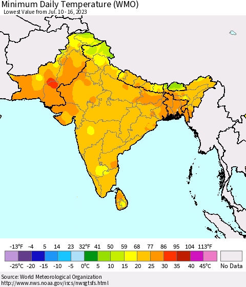 Southern Asia Minimum Daily Temperature (WMO) Thematic Map For 7/10/2023 - 7/16/2023
