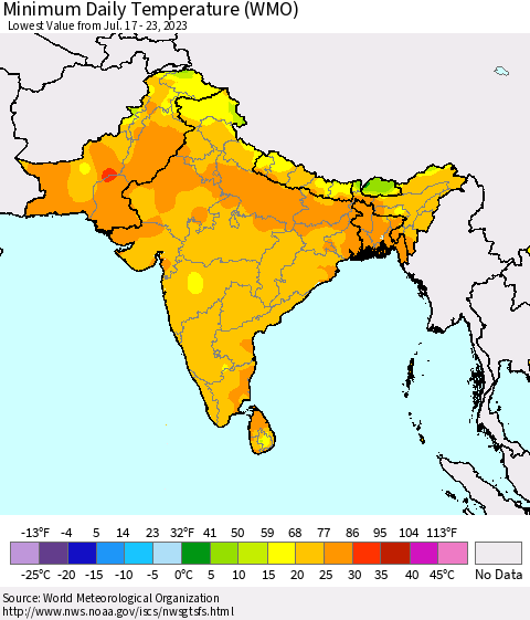 Southern Asia Minimum Daily Temperature (WMO) Thematic Map For 7/17/2023 - 7/23/2023