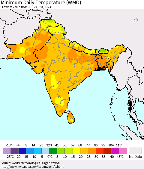 Southern Asia Minimum Daily Temperature (WMO) Thematic Map For 7/24/2023 - 7/30/2023