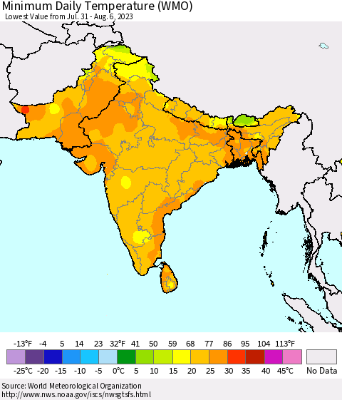Southern Asia Minimum Daily Temperature (WMO) Thematic Map For 7/31/2023 - 8/6/2023
