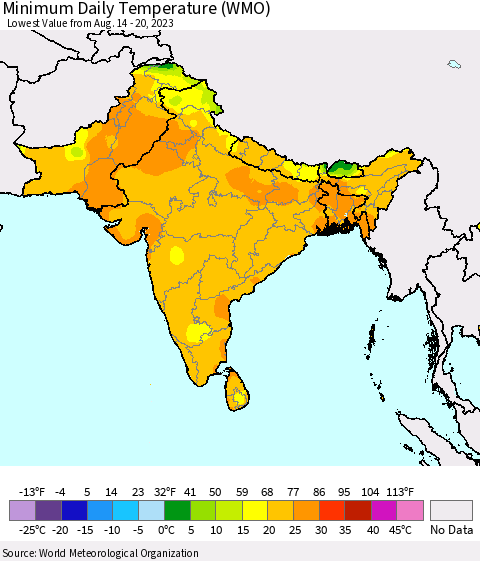 Southern Asia Minimum Daily Temperature (WMO) Thematic Map For 8/14/2023 - 8/20/2023