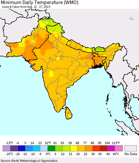 Southern Asia Minimum Daily Temperature (WMO) Thematic Map For 8/21/2023 - 8/27/2023
