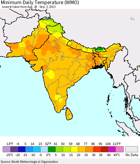 Southern Asia Minimum Daily Temperature (WMO) Thematic Map For 8/28/2023 - 9/3/2023