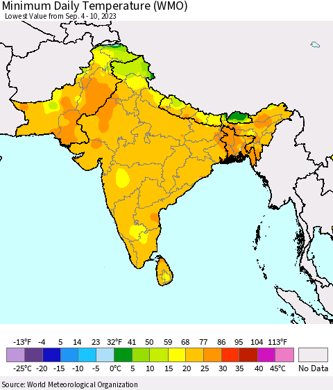 Southern Asia Minimum Daily Temperature (WMO) Thematic Map For 9/4/2023 - 9/10/2023
