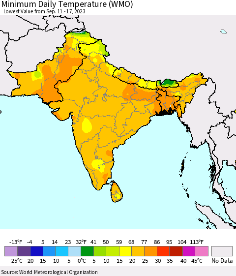 Southern Asia Minimum Daily Temperature (WMO) Thematic Map For 9/11/2023 - 9/17/2023