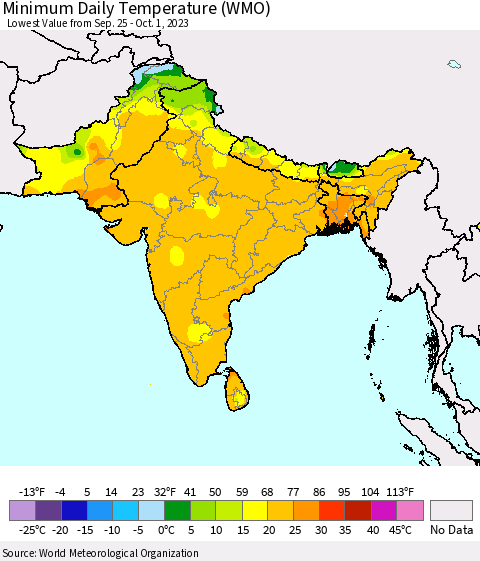 Southern Asia Minimum Daily Temperature (WMO) Thematic Map For 9/25/2023 - 10/1/2023